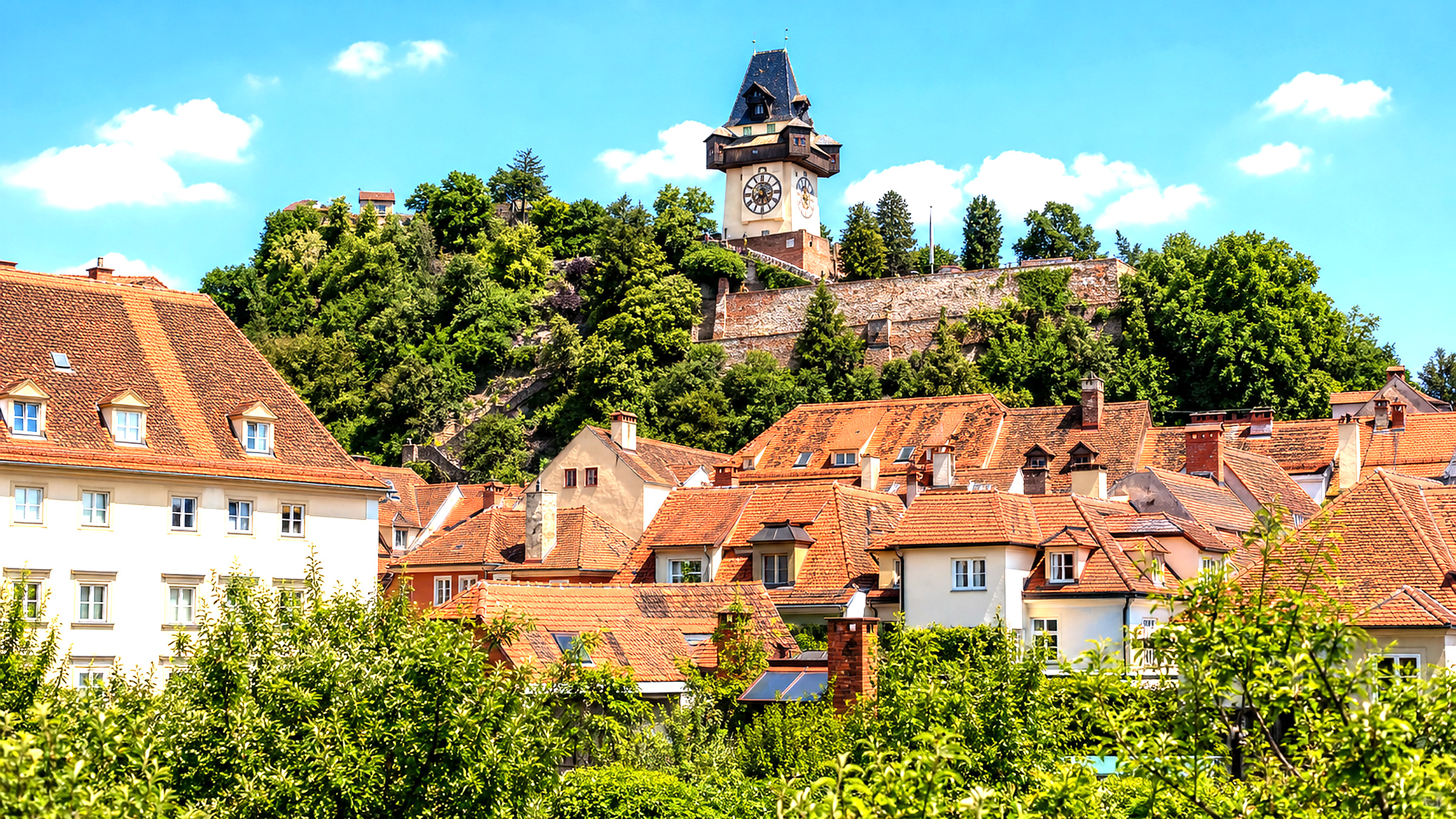 Symbolischer Blick auf rote Dächer und begrünten Stadthügel